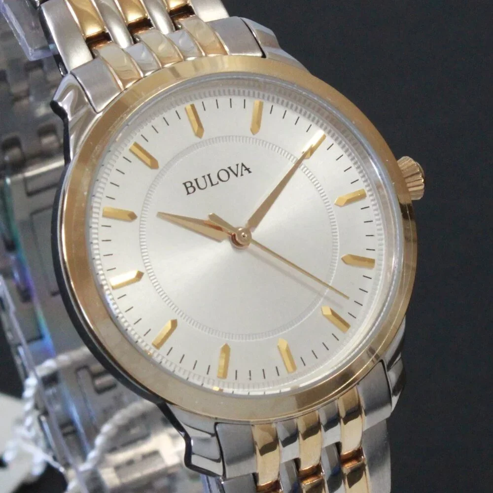 Bulova Ladies Classic Quartz Watch Two Tone Finish Raised Indices Bracelet 32mm
